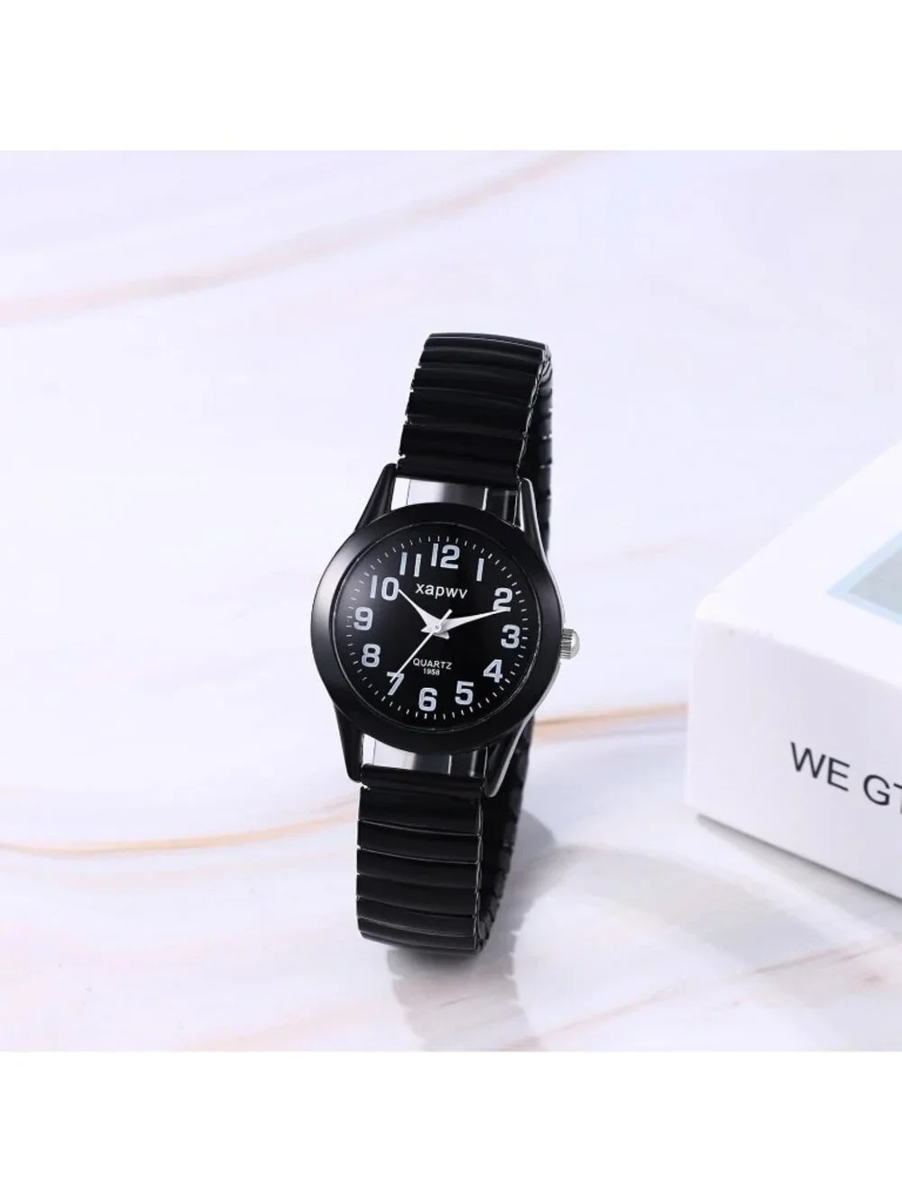 Women's Black Stretch Band Couple Bangle Ultrathin Elastic Strap Wrist Watch